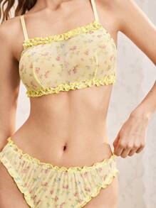 Pastoral Style Ditsy Floral Ruffled Hem Sexy Women Lingerie Set - Yellow - View 4