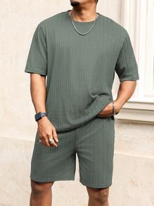 Manfinity Homme Plus Size Men's Solid Color Short Sleeve T-Shirt & Shorts Set, Fashionable For Summer - Green - View 4