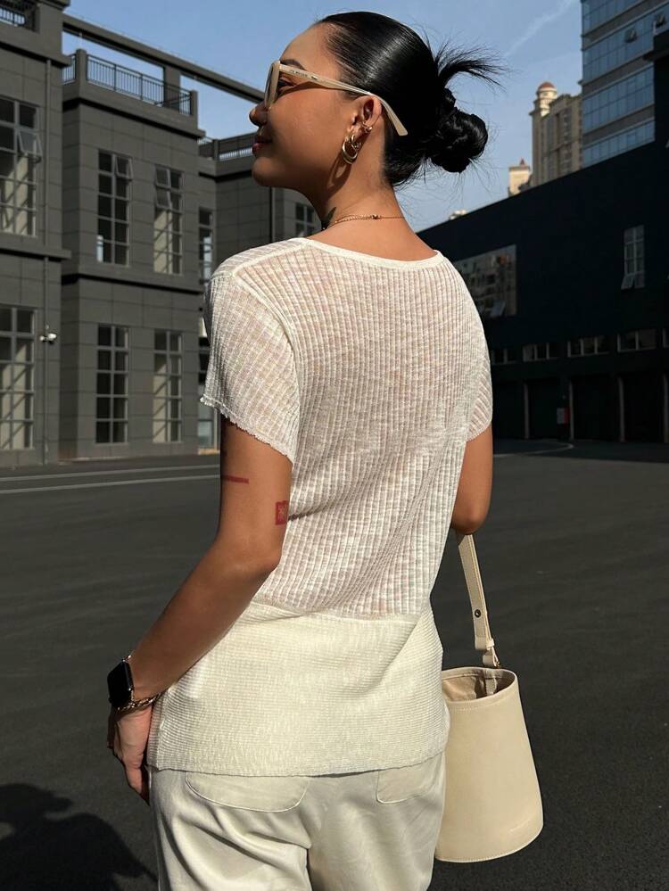 Women Solid Color Form-Fitting Short Sleeve Belted Lightweight Holiday Casual Knitted Top, Summer