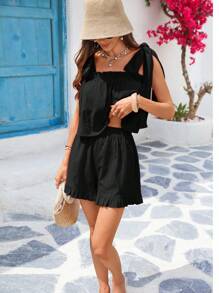 Vivid Eden 100%Cotton 2pcs/Set Leisure Holiday Tie-Up Camisole And Shorts, For Spring And Summer Vacation, A Casual Holiday Outfit, Holiday Summer Beach Outfit,Beach Outfits For Woman ,Festival,Vacation Outfits Woman,Tropical Vacation Woman Clothes - Black - View 3