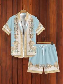 Manfinity KASUA Conjunto de camisa de manga corta abotonada de ajuste estándar con estampado de elemento de lujo grabado y pantalón corto, 2 piezas, adecuado para vacaciones de verano, citas, fiestas, atuendo de pareja, gran regalo para el novio
