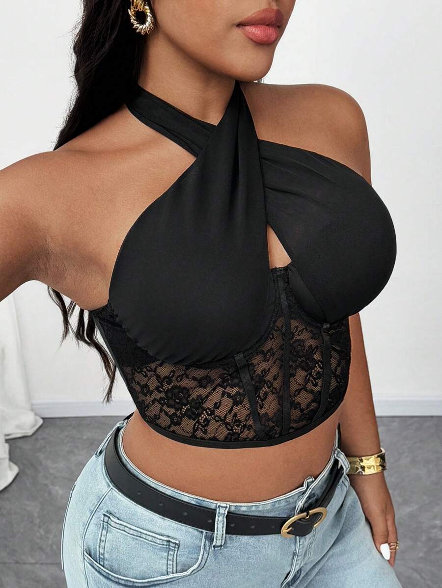 SHEIN Unity Đồ lót ren hở lưng chéo cỡ lớn cho nữ, đồ liền thân gợi cảm và thanh lịch để mặc hàng ngày, ngày lễ tình nhân - màu đen - Xem 1
