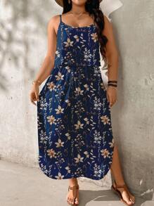 SHEIN LUNE Plus Size Women Textured Leaf Print Vacation Dress, Suitable For Summer,Sun Dresses For Women Chic Dress - Blue - View 3