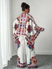 Elenzga Plus Size Floral Print Asymmetrical Hem Batwing Casual Shirt + Loose Wide Leg Pants Elegant Two Pieces Set, Suitable For Party Fall Cloth For Women - Multicolor - View 2