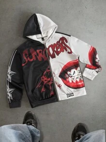 PAVTROS Sudadera con capucha de bloques de color con estampado de letra para hombre