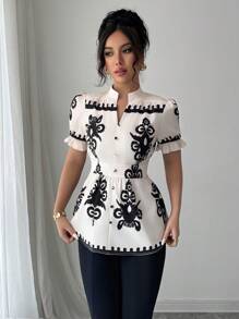SHEIN Unity Women's V-Neck Printed Shirt With Ruffle Cuffs And Matching Button Decoration, Casual Vacation Style - Multicolor - View 6