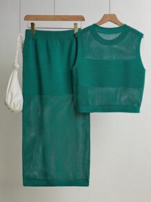 Franclia Summer Women 2 Pieces Casual Hollow Out Knitted Sweater Vest And Mini Skirt Suits