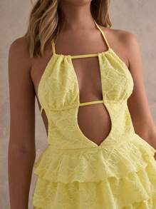 Glamine 女士夏季黄色浪漫度假蕾丝丝带蛋糕系带露背迷你连衣裙，女士短裙，女士黄色连衣裙，女士夏季短裙，女士服装夏季套装，毕业礼服，女士沙滩装 - 黃色 - 查看 2
