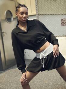 SHEIN Sports 女士纯色落肩长袖短款上衣和迷你裙户外套装 - 彩色 - 查看 7