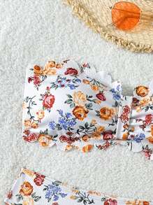 Swim Mod 女士泳衣，少女女孩花卉荷叶边露肩碎花纹理面料泳装 - 彩色 - 查看 5