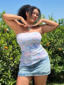 SHEIN EZwear Plus Size Ditsy Floral Vintage Bustier Frill Cropped Top - Blue - View 3