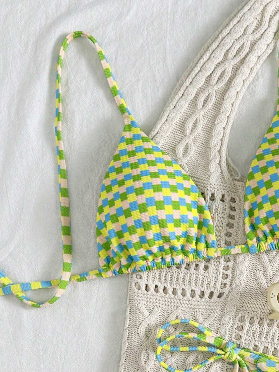 Swim Mod 2pcs/Set Women Summer Beach Holiday Random Bubble Gingham Print Triangle Tie Bikini Set Including Bottoms - Multicolor - View 1