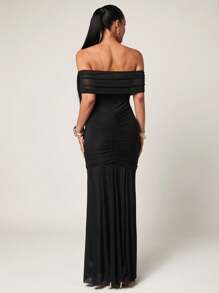 Silquee Women's Black Off Shoulder Fitted Elegant Dress, Island Dress, Flowy Hem Dress, Sexy See-Through Outfit, Summer, Women's Summer Outfit, Summer Outfit, Women's Beach Outfit, Women's Elegant Outfit, Women's Summer Dress, Graduation Outfit, Graduation Dress, Flowy Dress, Ibiza Outfit, Summer Festival Beach Resort - Black - View 9