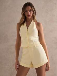 Glamine 女士亚麻感露背吊带背心带袖口短裤休闲套装夏季挂脖蝴蝶结露背休闲两件套 - 黃色 - 查看 3