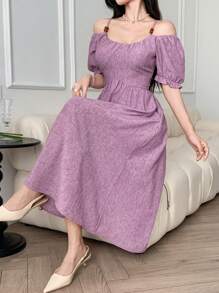 女士V领泡泡袖露肩收腰连衣裙，紫色，休闲女装 - 紫色 - 查看 1