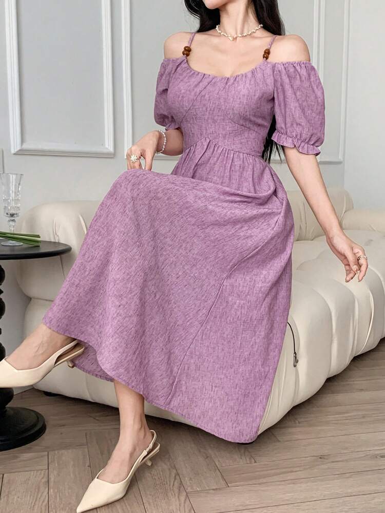 Women's V-Neck Puff Sleeve Hollow Shoulder Waist Cinched Dress, Purple, Casual Women Dress