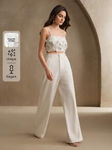 Anewsta Rhinestone Trim Floral Print Spaghetti Strap Camisole, Summer, Elegant, Casual, Beach, Vacation - White - View 1