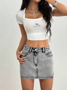 SHEIN ICON 女士高街低腰直筒牛仔中长裙，适合夏季 - 灰色 - 查看 5