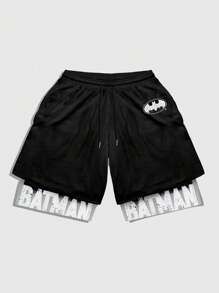 ROMWE MEN Batman X ROMWE Men's Summer Casual Bat & Letter Print Drawstring Waist Shorts - Multicolor - View 5