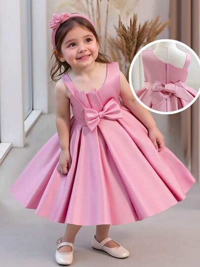 SHEIN 女婴优雅蝴蝶结装饰腰部收紧无袖公主裙