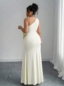 Elenzga Women Plus Size Oblique Collar 3D Floral Printed Sleeveless Elegant Midi Dress - Yellow - View 2