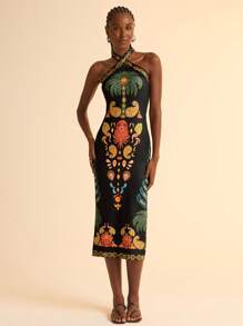 CAJUNI Đầm dệt kim in họa tiết hoa nhiệt đới màu đen ôm vừa vặn chéo lưng cho nữ - Nhiều màu - Xem 3