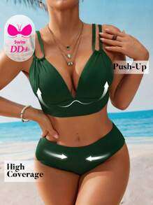 Swim DD+ 2pcs Solid Textured Fabric Halter Neck Wireless Women Minimalist Elegant Vacation Bikini Set For Summer