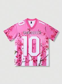 ROMWE MEN Prep 男士球衣足球花卉印花 V 领短袖 T 恤，休闲装，度假装，2000 年代风格 - 粉色 - 查看 1