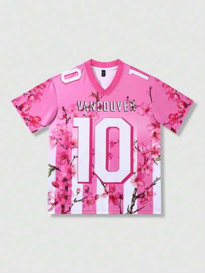 Street Life Men's Jersey Football & Floral Print V-Neck Short Sleeve T-Shirt, Casual Wear, Vacation, 2000s Style