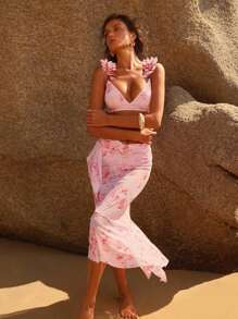 Anewsta Stylish Elegant Underwired Push-Up Floral Gradient Ruffled Flared Mermaid 3pcs Bikini Set For Summer Beach Vacation - Multicolor - View 4