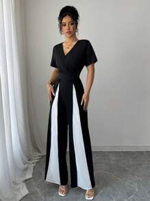 Elenzga 女士撞色重叠V领短袖优雅阔腿连体裤