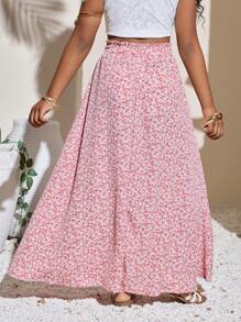 SHEIN Tween Girl Casual Vacation Chiffon Ditsy Floral Midi Skirt - Baby Pink - View 2