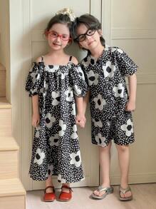 SHEIN 2pcs Boy's Allover Print Woven Shirt With Open Chest Design + Loose Shorts Set