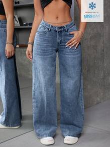 SHEIN ICON 女式宽松V领低腰口袋阔腿牛仔裤