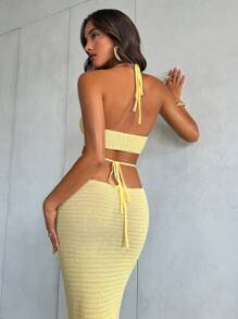 Aloruh Váy len buộc cổ màu vàng nhạt thanh lịch cho nữ - Màu vàng - Xem 3