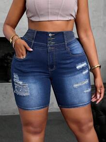 大码女式夏季水洗做旧纽扣弹力牛仔短裤 - 中等水洗藍 - 查看 5