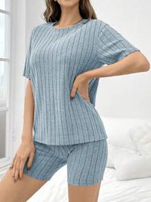 SHEIN Women's Solid Color Rib Knitted Loose Round Neck Short Sleeve Top & Shorts Casual Pajama Set Outfit - Blue - View 6