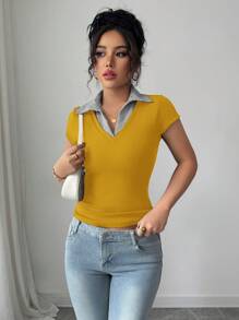 Chiquease Rafferiza 女士奶油黄休闲通勤优雅商务休闲度假舒适成熟优雅性感V领条纹拼接二合一外出上衣黄色罗纹面料高弹修身短袖老钱风格灵气风格春夏T恤 - 黃色 - 查看 5