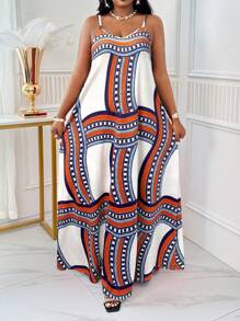 SHEIN Lady Spring And Summer Casual Beach Spaghetti Strap Ball Gown Cami Dress Plus Size Dresses Plaid Dress African Dress - White - View 3
