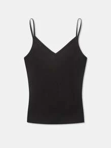 SHEIN BASICS 女士纯色针织修身吊带背心 - 黑色 - 查看 3