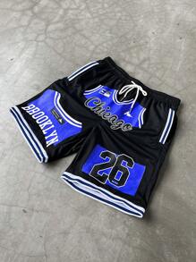 Aesthetic Post--Men's Casual Sports Letter Print Drawstring Waist Shorts, Summer ,Basketball Shorts, Chicago Shorts, Men S Basketball Short - Black - View 3