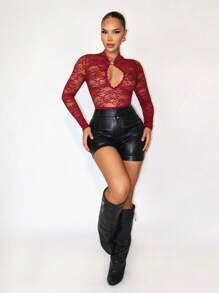 Sirith Sexy Lace Patchwork Sheer Mesh Bodysuit Fall Cloth For Women - Red - View 5