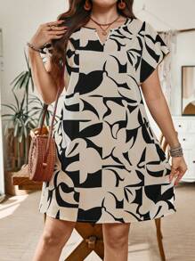 SHEIN LUNE 大码女式波西米亚风夏季几何图案休闲度假A型日常女式连衣裙 - 黑色 - 查看 4