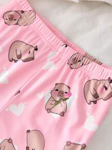 2 件套青少年女孩简约时尚可爱水豚印花和粉色水豚印花紧身家居服套装 - 灰色 - 查看 5