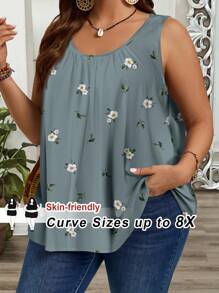 SHEIN CURVE+ 加大码花卉印花宽松宽肩带吊带背心，夏季曲线加大，波西米亚风度假风，适合外出 - 彩色 - 查看 1