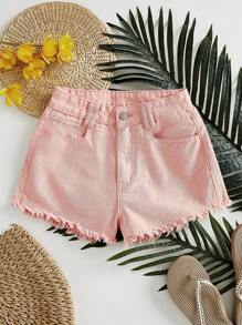SHEIN Essnce Vacation Casual Washed Denim Frayed Shorts - Baby Pink - View 1