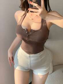 DAZY Summer New Fitted Sleeveless Crop Top, Women Thin Casual Tank Top - Brown - View 6