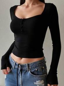 DAZY Solid Button Front Slim Tee,Fall Clothes,Back To School Clothes Long Sleeve Women Tops Crop Women Tops - Black - View 1