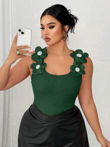 Elenzga 大码女式 3D 花卉装饰罗纹方领吊带背心，情人节款