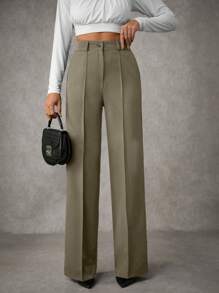 EURMUSE Women's Solid Pleated Seam Detailed Suit Pants - Army Green - View 4